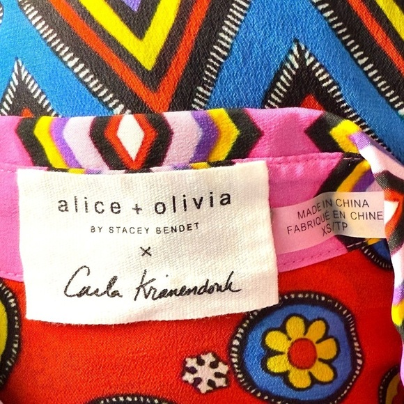 ALICE OLIVIA Silk Colorblock Patchwork Print Long Sleeve Embroidered Trim Top XS - Picture 8 of 12